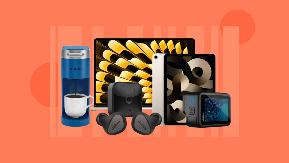 Products from Keurig, Jabra, Apple, Blink and GoPro are displayed against an orange background.