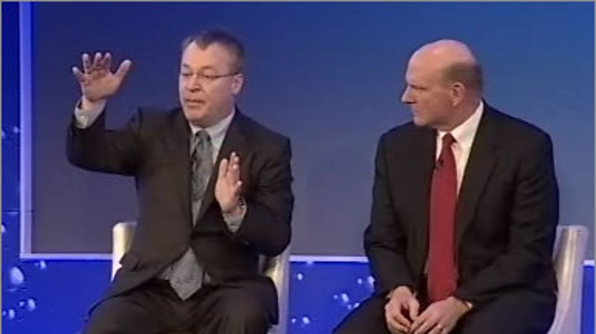 Nokia CEO Stephen Elop, let, and Microsoft CEO Steve Ballmer explained their company's new tight alliance for mobile phones at an analyst and strategy meeting in London.
