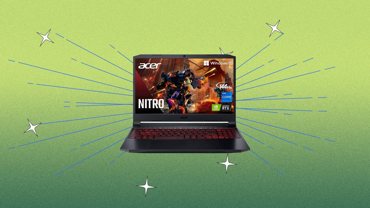 Acer Nitro 5 gaming laptop against a green background.