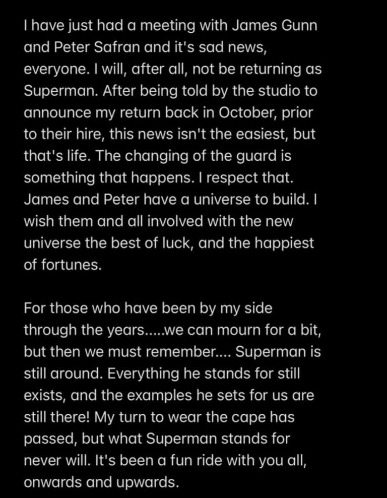 A screenshot of Henry Cavill's statement about no longer playing Superman