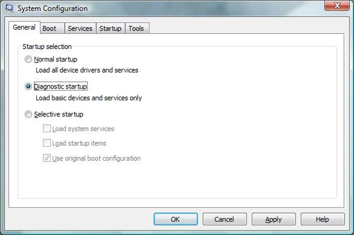 Windows Vista System Configuration dialog
