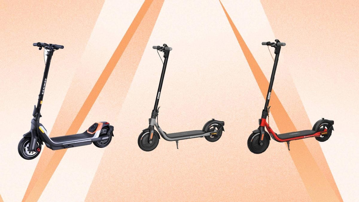 Three different Segway e-scooters against an orange background.