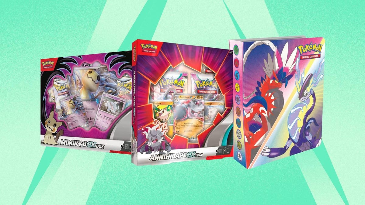 Pokemon card decks and portfolios are displayed against a mint background.