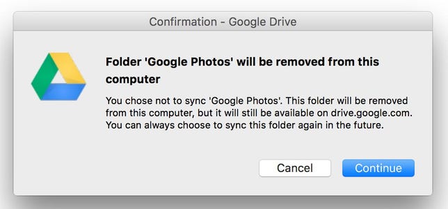 The ​Google Photos service keeps on running even if you stop synchronizing the folder in Google Drive.