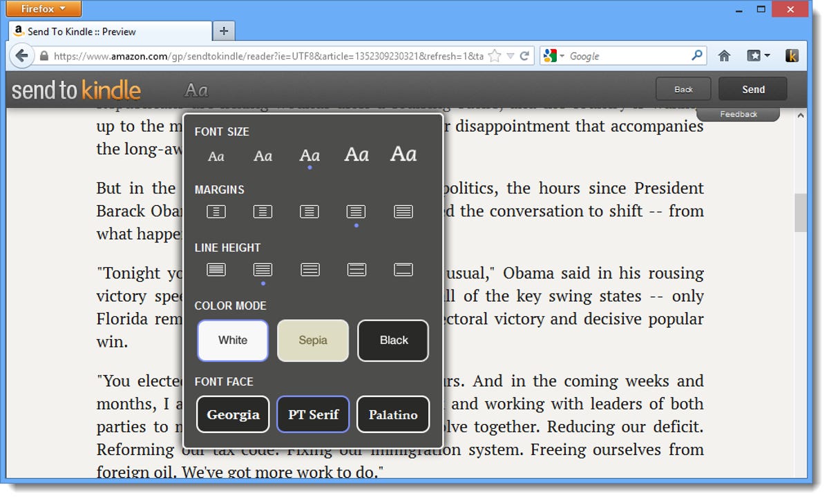Send to Kindle for Firefox preview option