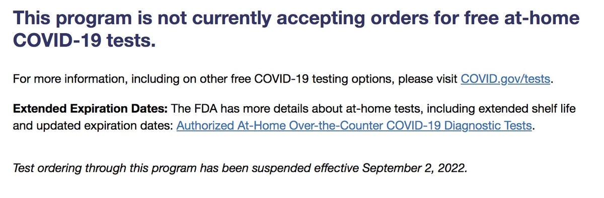 A screenshot of the US Postal Service website announcing that the program is not currently accepting orders for free at-home COVID-19 tests