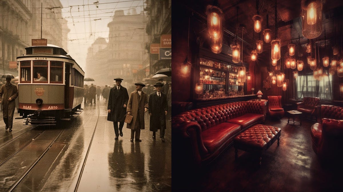 2 images the left is a street scene with a streetcar the right is a bar with red leather seats