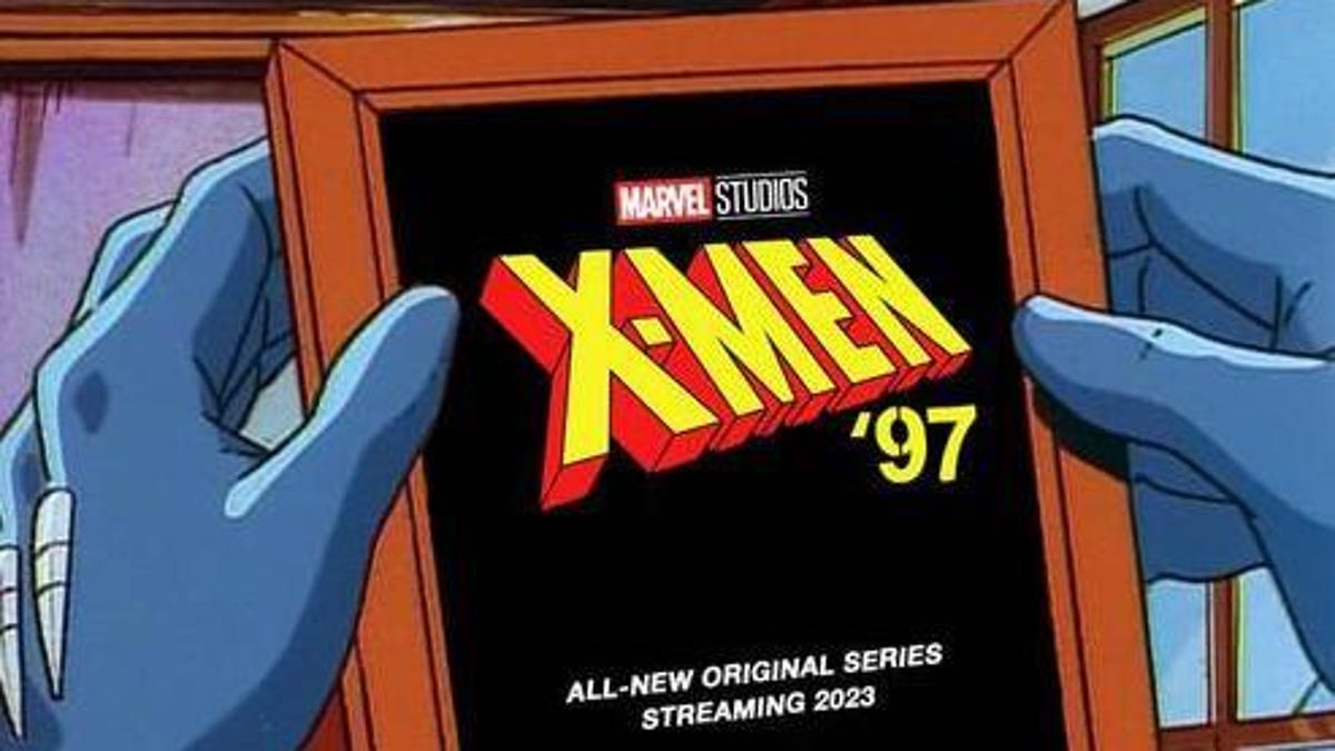 X-Men 97 title card is seen in a picture frame being held by Wolverine, whose gloved hands are visible.
