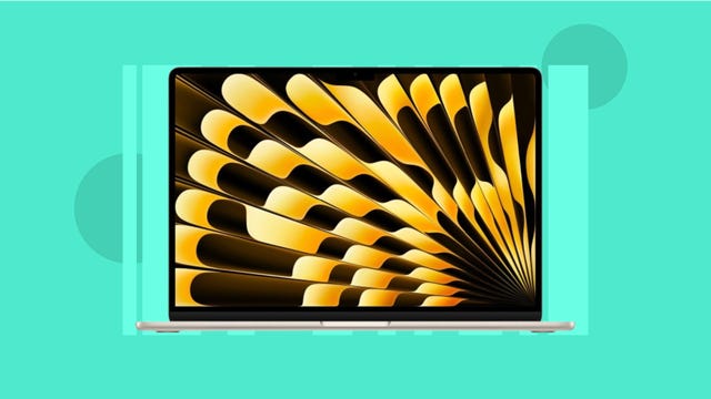The Apple MacBook Air M2 (256GB) is displayed against a teal background.