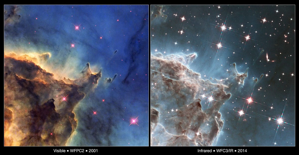 Two views of the Monkey Head Nebula, one with visible light and one with infrared
