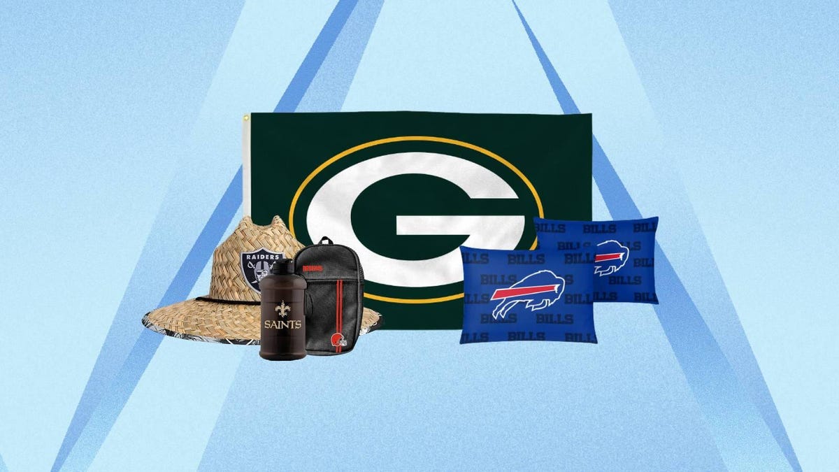 A collection of NFL merchandise, including a flag, hat, pillows, bag and water bottle against a blue background.