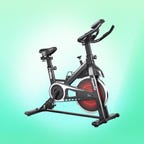 The SuperFit Indoor Cycling Bike is displayed against a mint background.
