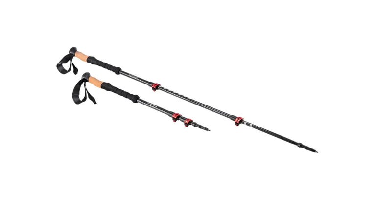 Adjustable trekking poles are displayed at two lengths side by side against a white background.