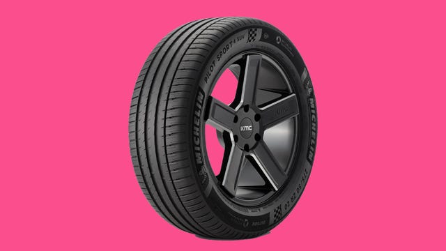 Michelin Pilot Sport 4 SUV tire pictured on a pink background