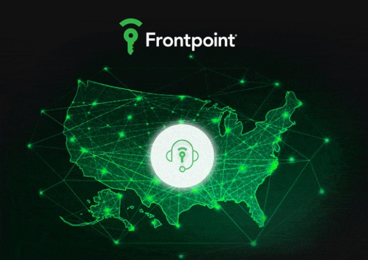 Illustration of the United States overlaid with the Frontpoint logo