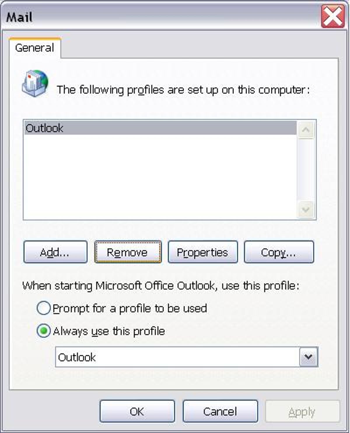 Microsoft Windows XP's Profiles dialog box in the Mail Control Panel applet