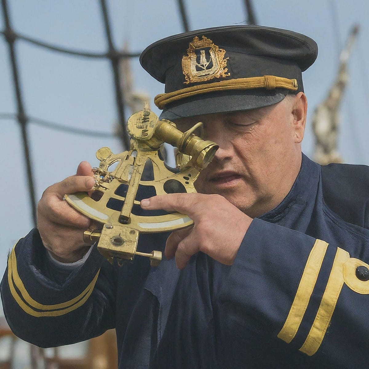 An AI-generated image of a sea captain holding a brass sextant incorrectly
