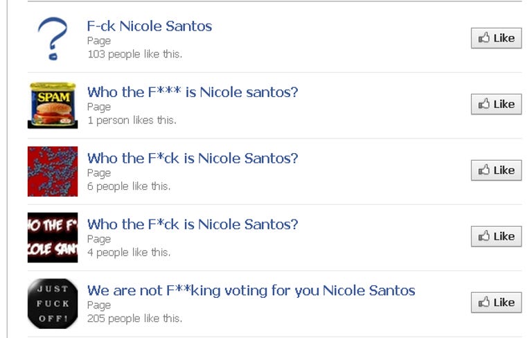 Facebook pages opposing the Nicole Santos hack sprang up on the site in the wake of the hoax.