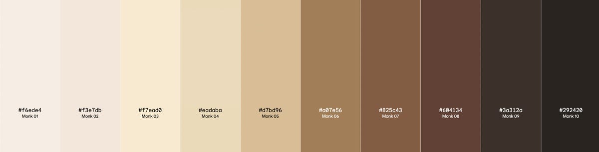 Monk Skin Tone Scale 10 categories light to dark from left to right