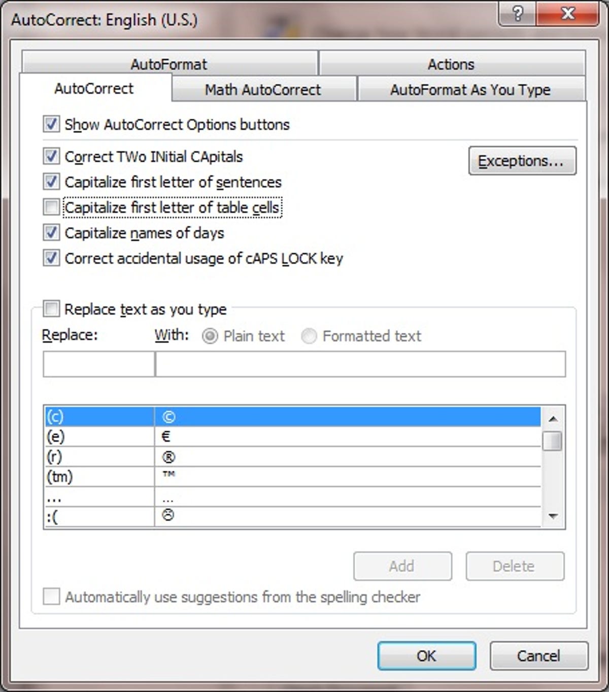 Microsoft Word 2010 AutoCorrect Options dialog box