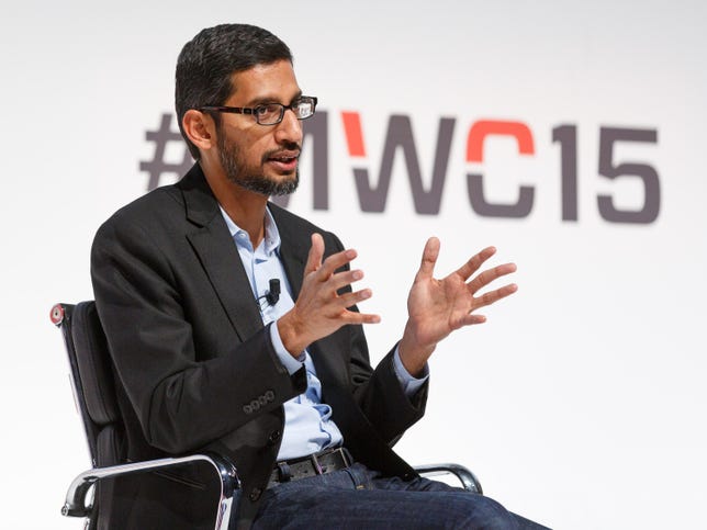 Sundar Pichai, Google's senior vice president of products, announces Google's mobile network plans at Mobile World Congress 2015.