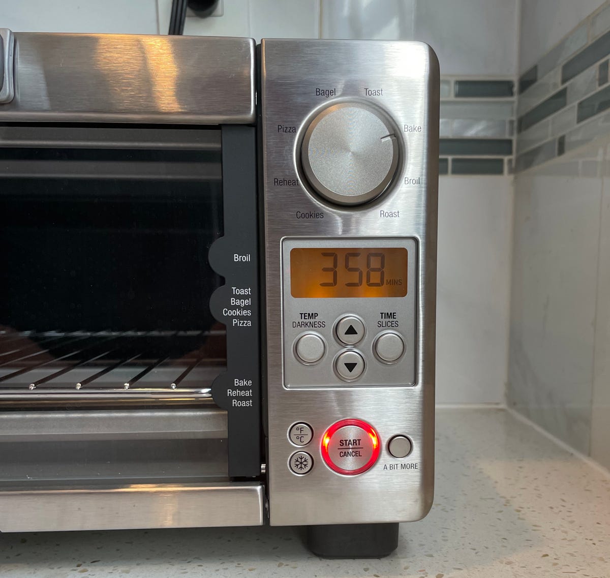 An up-close shot of the controls on the Breville Mini Smart Oven.