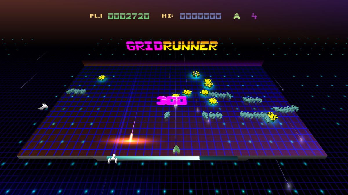 A 3D grid arcade game with enemies being shot at