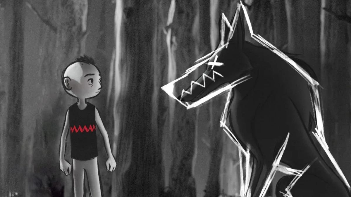 A monochrome still from the 2023 animated short film Peter and The Wolf.
