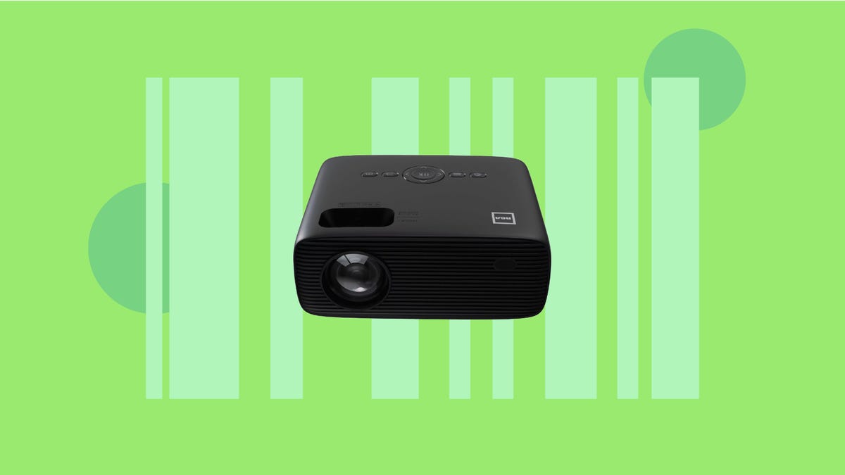 The RCA home projector is displayed against a green background.