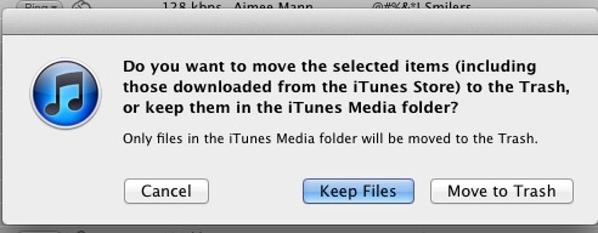 iTunes delete-files dialog box