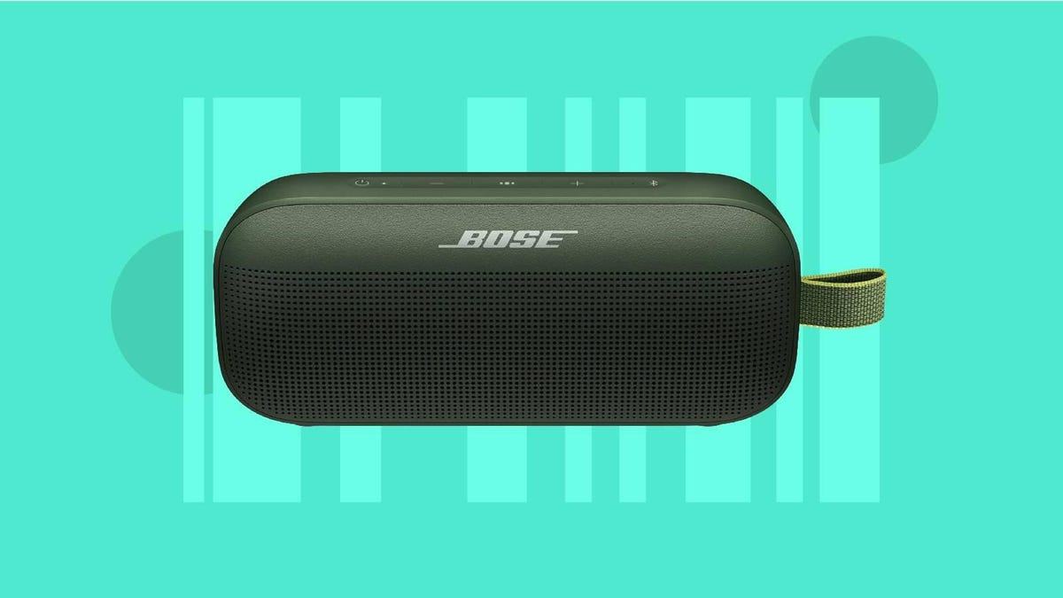 A green Bose Bluetooth speaker against a teal background.