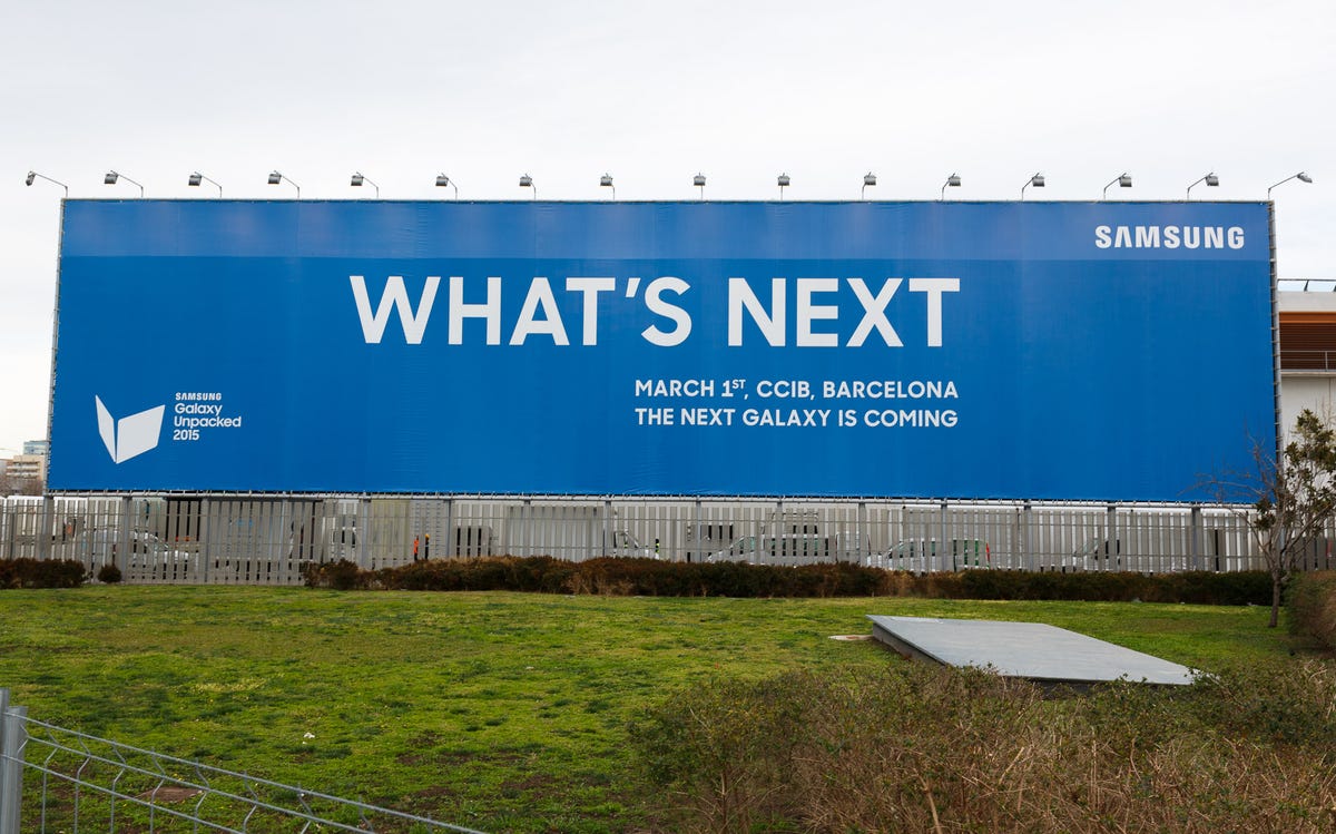 Samsung will unveil its next big smartphone, the Galaxy S6, at a Mobile World Congress event in Barcelona. This giant billboard is next to the Fira Gran Via, where the show takes place.