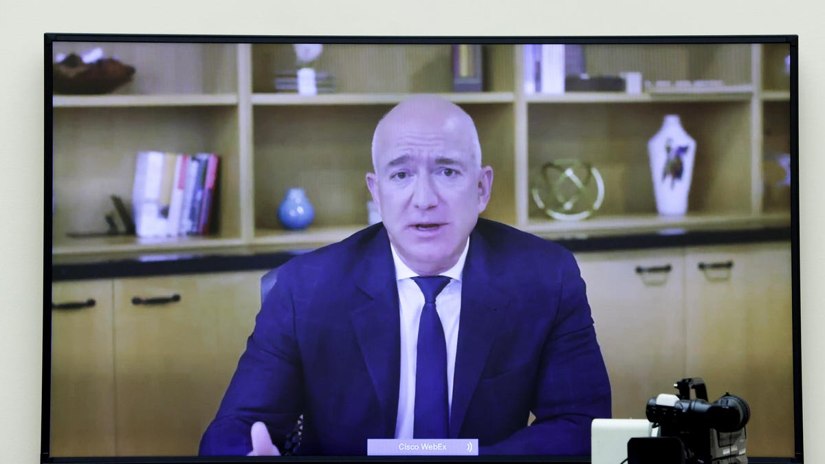 Jeff Bezos giving livestream testimony to Congress in July 2020