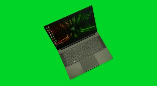 Razer Blade 14 2021 open, angled to the right and viewed from above