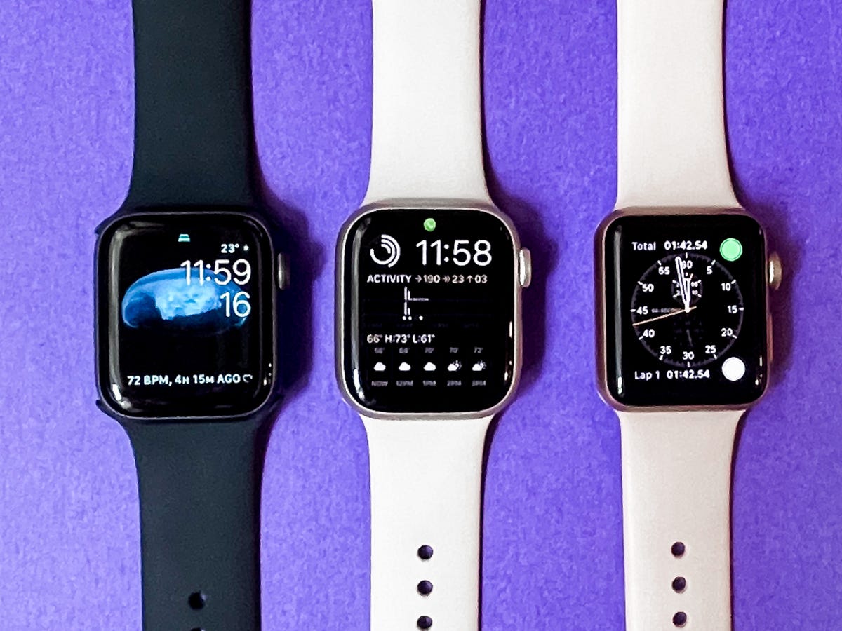 Three Apple Watches, all in a row.