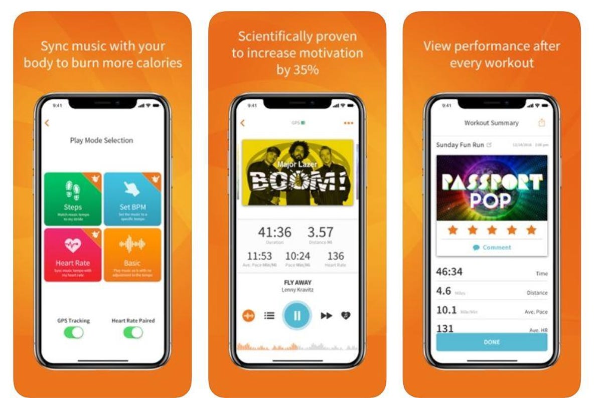 Screenshots of the RockMyRun app connected  3 phones