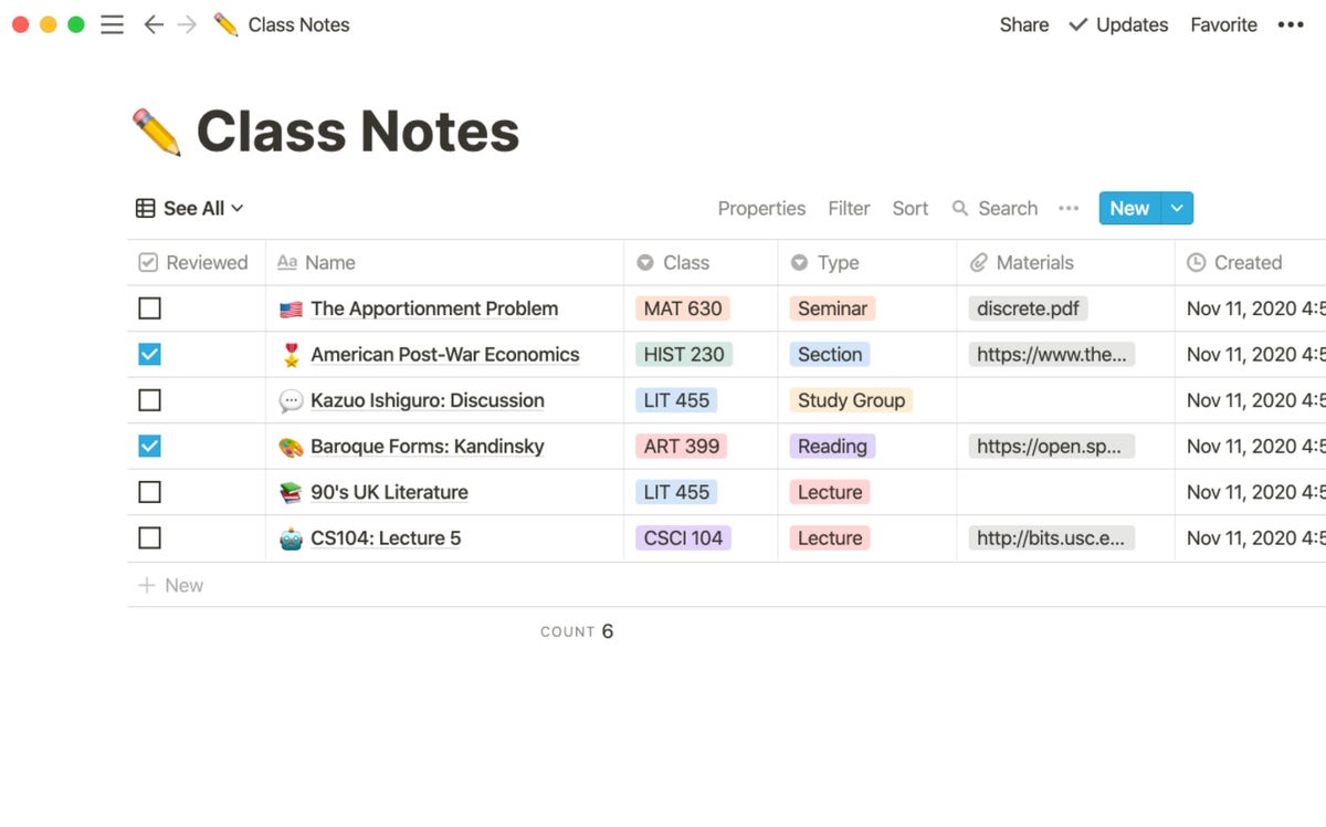 Screenshot of Notion interface, which shows a table that organizes class notes.