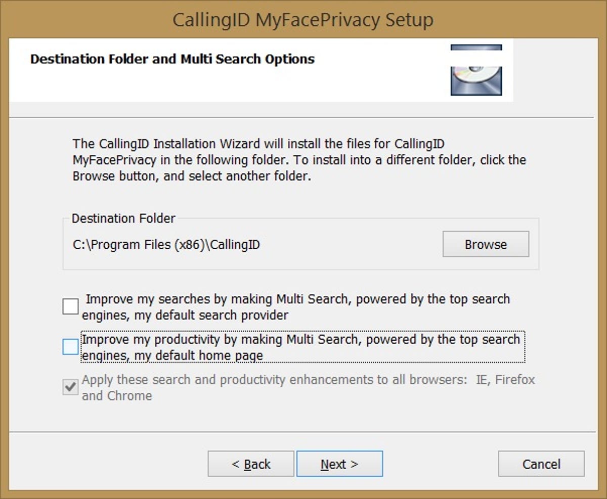 MyFacePrivacy installer preselected options to change your default search service and home page