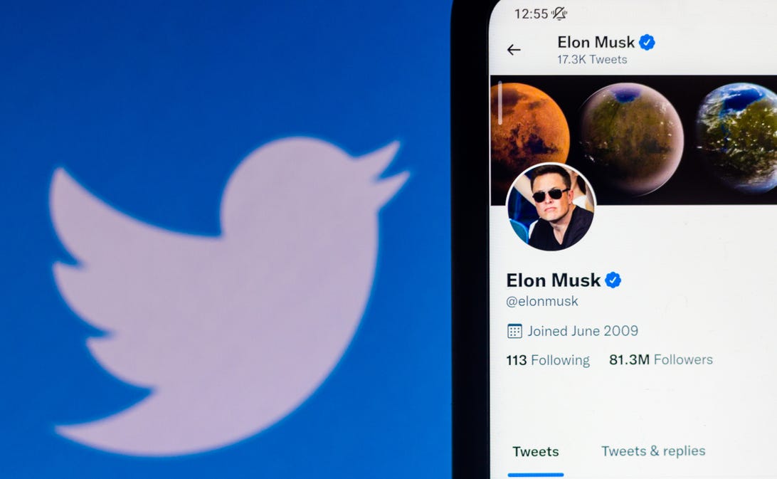 Photo illustration with Elon Musk's profile on Twitter