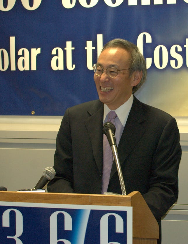 Steven Chu during a media briefing, after touring 1366 Technologies in Lexington, Mass.
