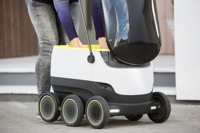 Starship Technologies' delivery robot can carry about 20 pounds worth of cargo and only opens when authorized by the recipient.​