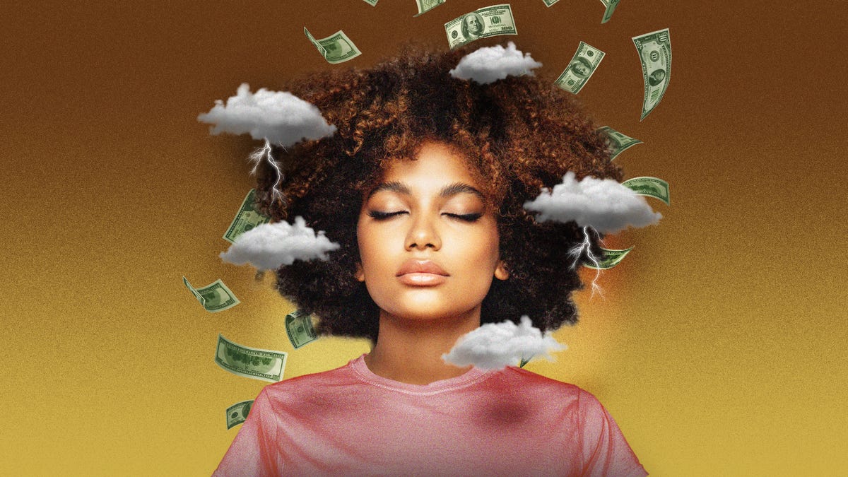 woman with eyes closed surrounded by storm clouds and money bills