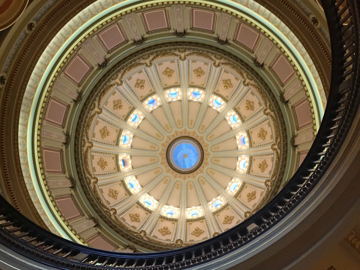 Looking up at the interior of the California State Capitol rotunda