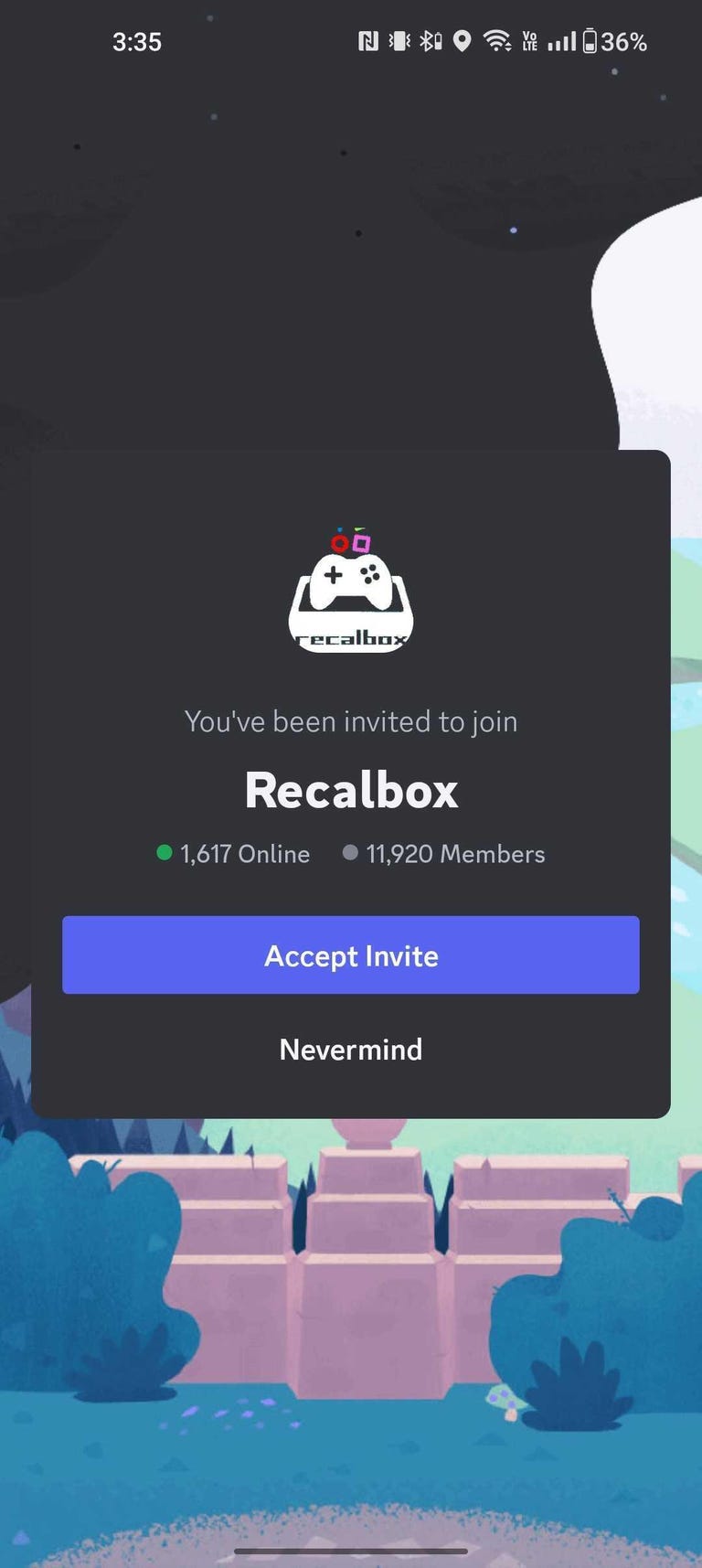 screenshot of Discord app, prompting you to accept an invitation to a server