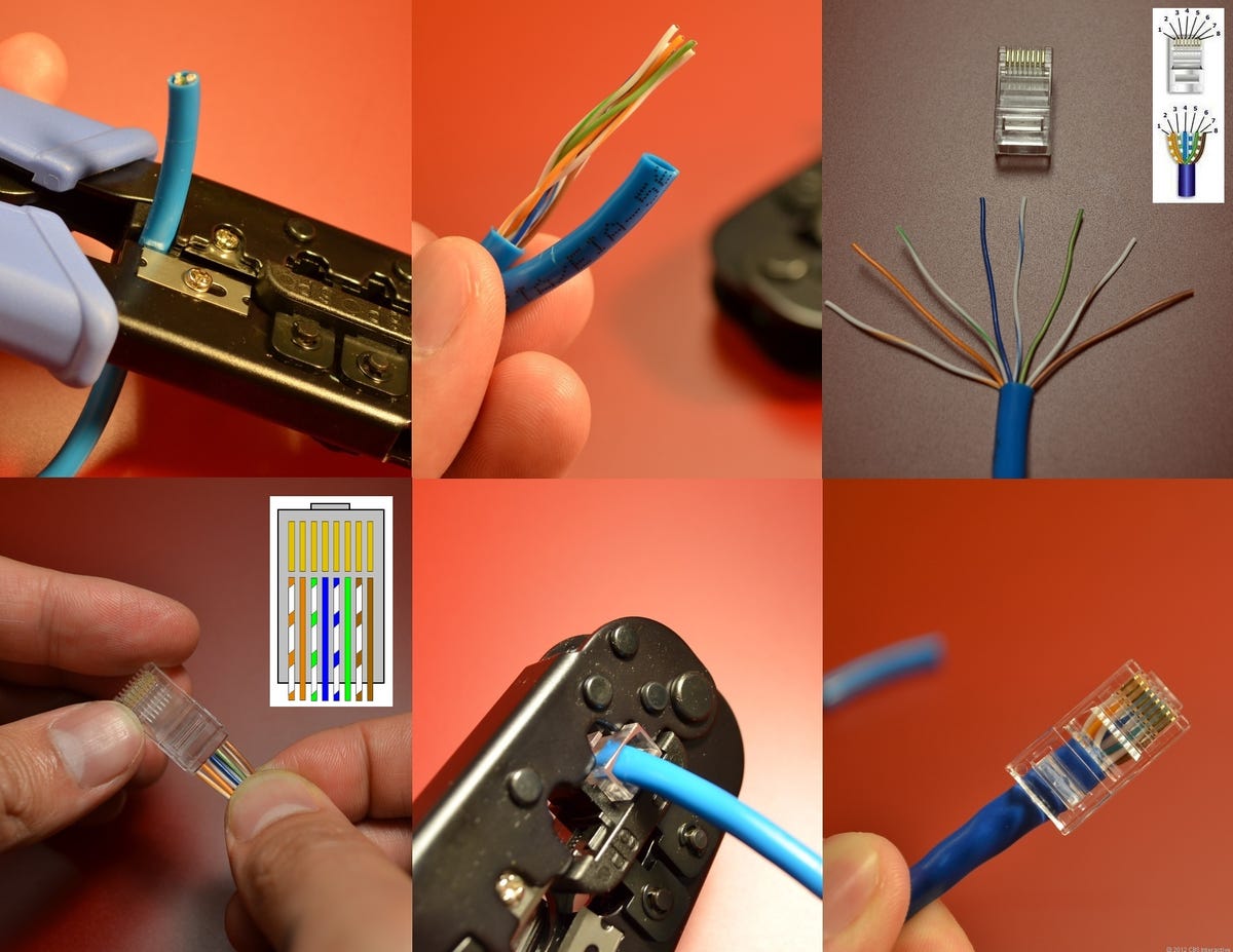 Here are the steps to make your own network cable. Remember, the wiring scheme is the hardest part (click to enlarge).