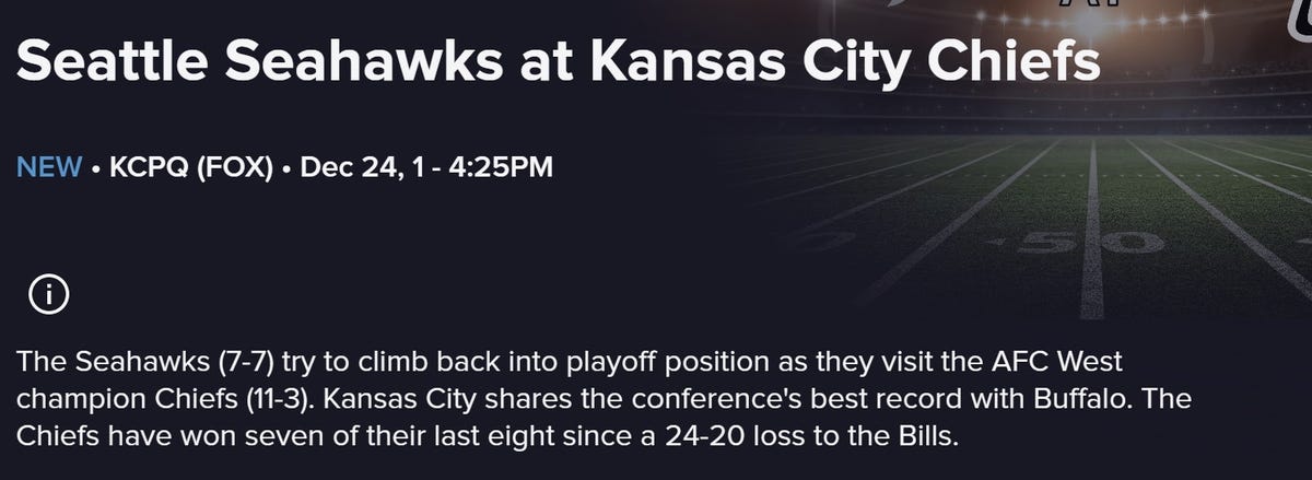 A screenshot showing a program guide listing for the Seahawks vs. Chiefs.