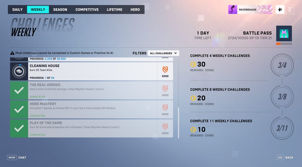 Screenshot of weekly challenges