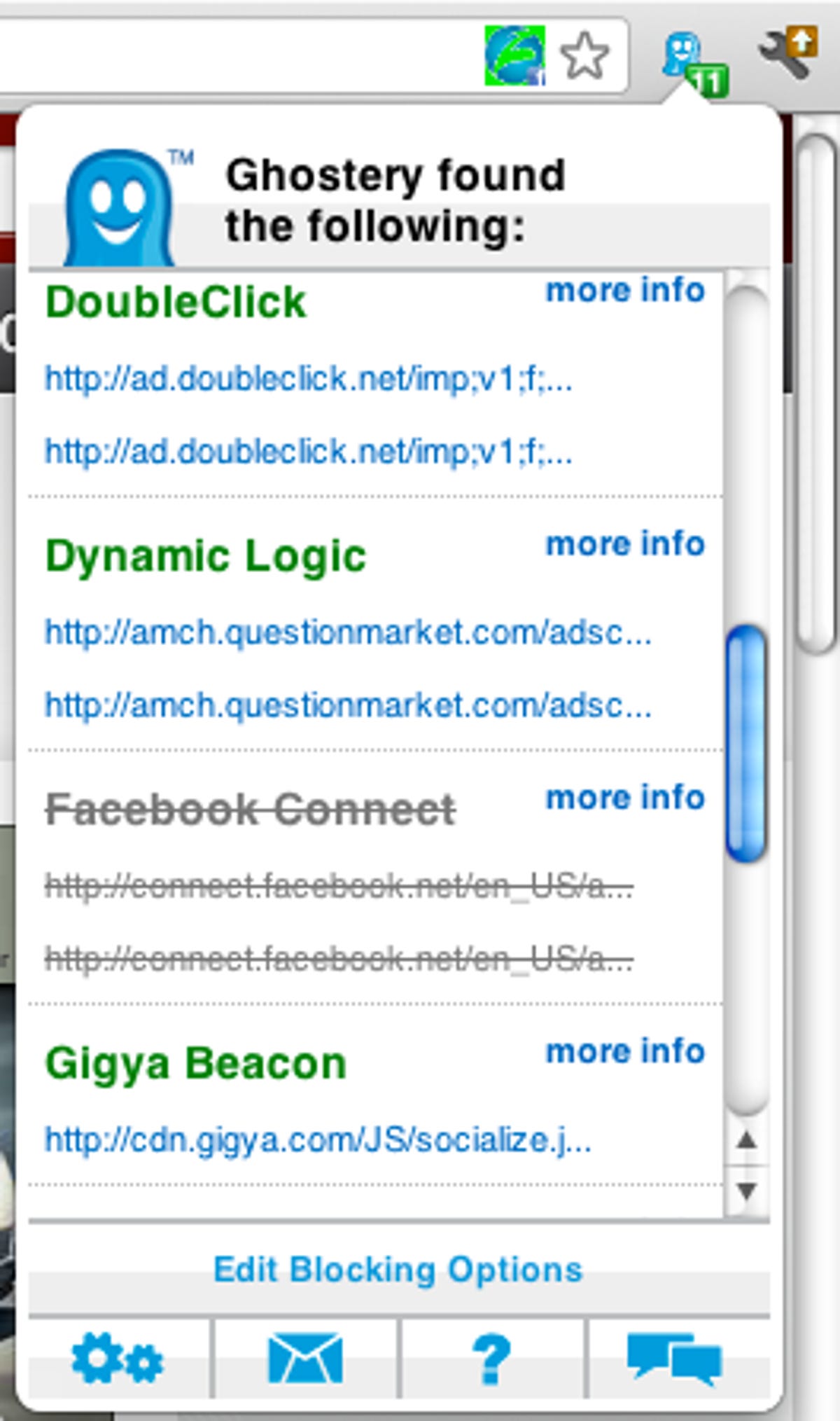 Ghostery tracker list in Google Chrome