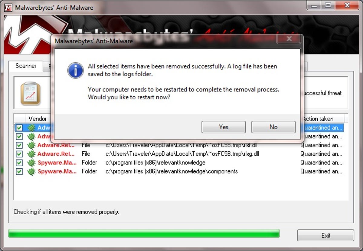 Malwarebytes Anti-Malware results screen