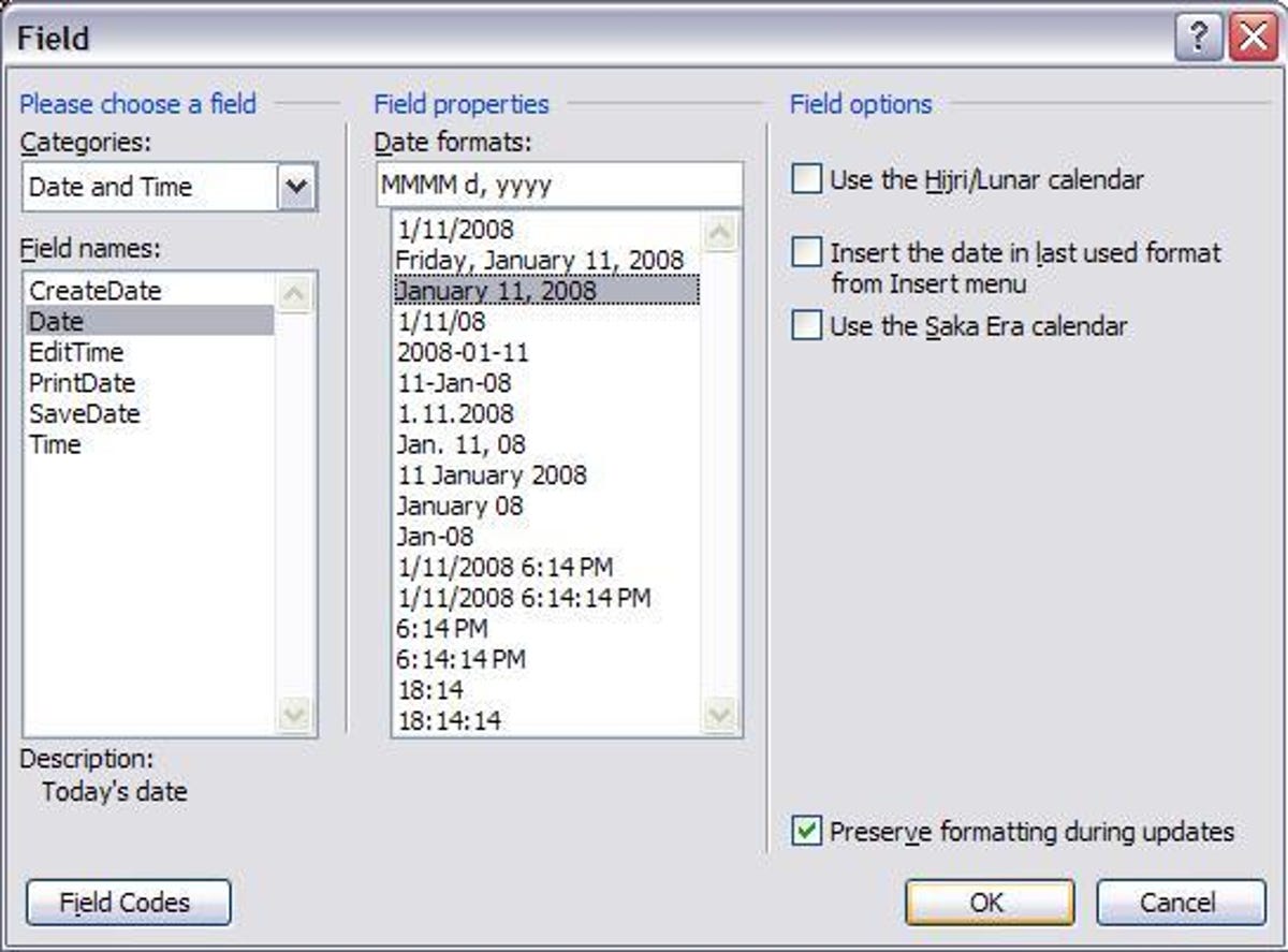 The Date and Time options in the Field dialog box of Microsoft Word 2003